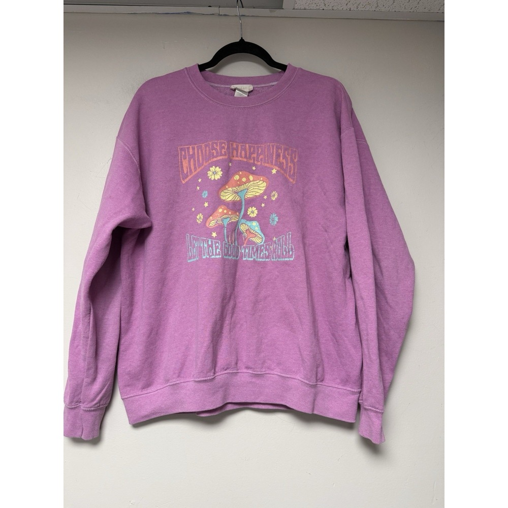 Altar'd State Worldwide Graphic Sweatshirt Choose Happiness Mushrooms Purple S M